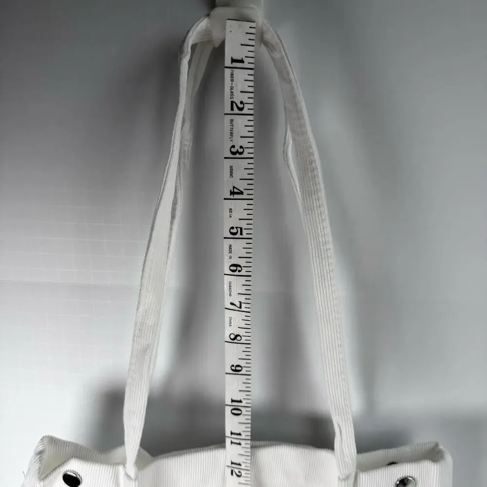 White Corduroy Tote Bag Minimal Canvas Shoulder Bag Snap Closure NEW